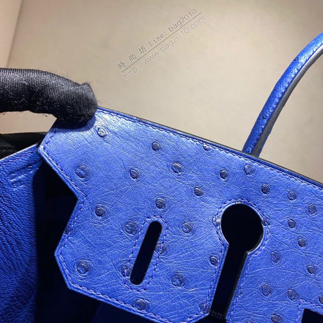 Hermes女包 愛馬仕Birkin30cm Hermes鉑金包 Ostrich鴕鳥皮 全手縫蠟線 7T Blue Htdra電光藍銀扣  am1899